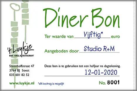 De dinerbon van 't Luykje met invulregels voor het bedrag