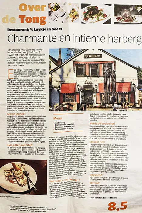 Krantenknipsel over 't Luykje: 'Charmante en intieme herberg in Soest', met een 8,5